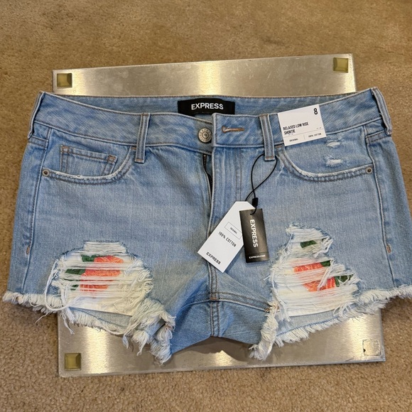 Vintage Y2K Express Destroyed Floral Embroidered Relaxed Low Rise Denim Shorts - Picture 1 of 10